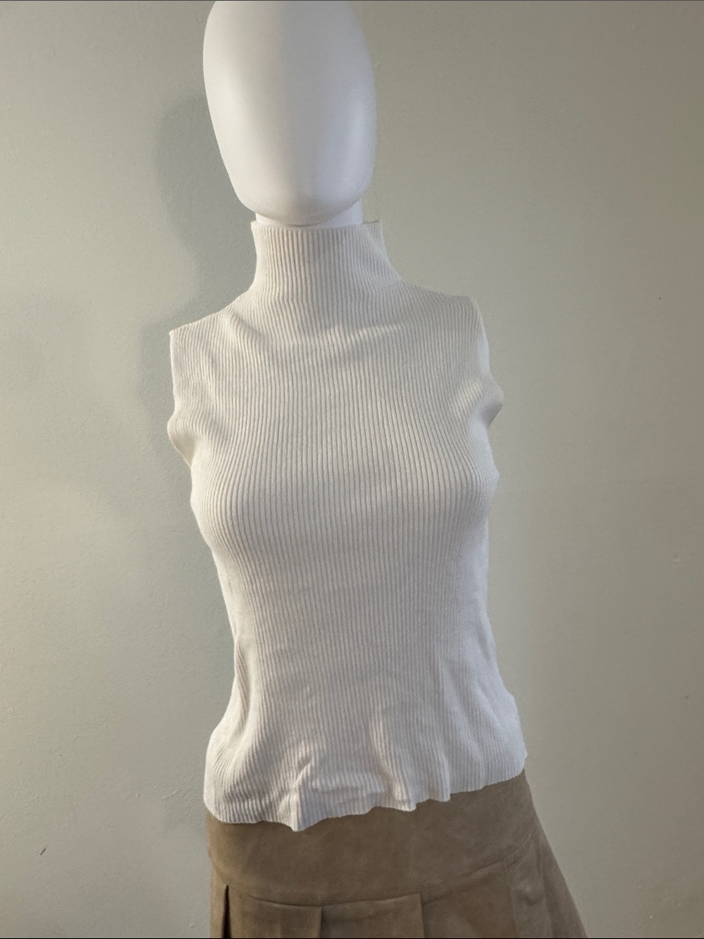 Zara White Ribbed Sleeveless Mock Neck Tank